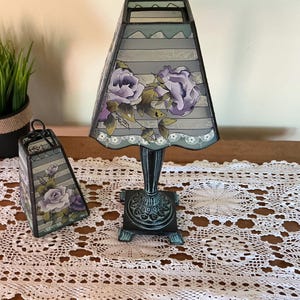 Vintage Faux Stained Glass Lantern Lamp-Set-Purple Floral Mini Lamps-Cottagecore Lighting,