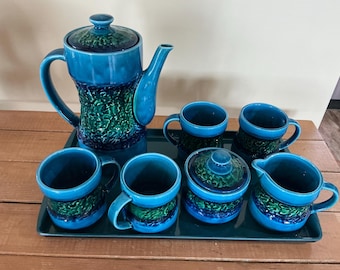 Hand Spray KT in Glaze Cobalt Blue Japanese 1960 Cups, Saucer, and