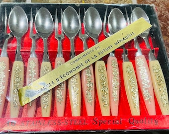 Vintage 1960s Stainless Steel Dessert Set -12 Pcs Floral Handkes Spoon and Forks,Rare