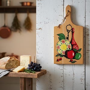 Peut inclure: Planche à découper en bois avec une poignée, ornée d'une nature morte peinte d'une assiette, d'une bouteille, d'une clé, de pommes et de cerises. La planche est accrochée à un mur en bois blanc. Pain, fromage et raisins sur une table en bois.
