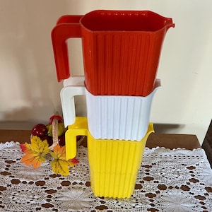 Vintage IPL Plastic Milk Bag Pitcher Jug 1970s Retro Canadian Kitchenware,Orange Yellow,and White ,SET OF 3.