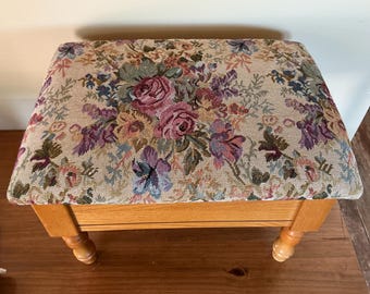 Vintage Floral Tapestry Stool, Storage Footstool, Wooden Legs Ottoman, Cottagecore Decor,
