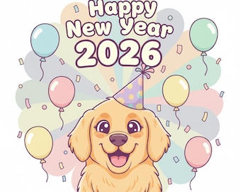Feliz Año Nuevo 2026 / Retrato personalizado de mascota en caricatura para fiesta