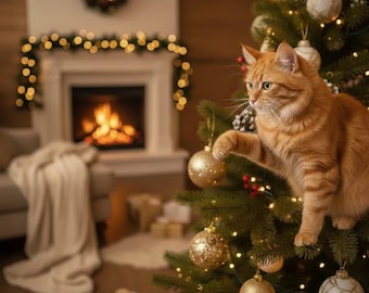 Gato pelirrojo jugando con adornos en un árbol de Navidad