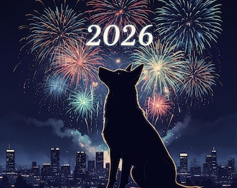Horizonte de medianoche / Arte de silueta de perro personalizado para Año Nuevo 2026 (descargar)