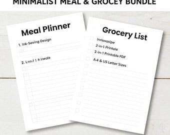 Planificador de comidas minimalista y lista de la compra, imprimible y ahorrador de tinta (descarga en PDF tamaño A4/Carta de EE. UU.)