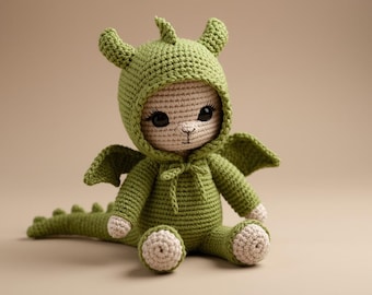 Patrón de crochet para disfraz de dragón para muñeca, tutorial de amigurumi (PDF)