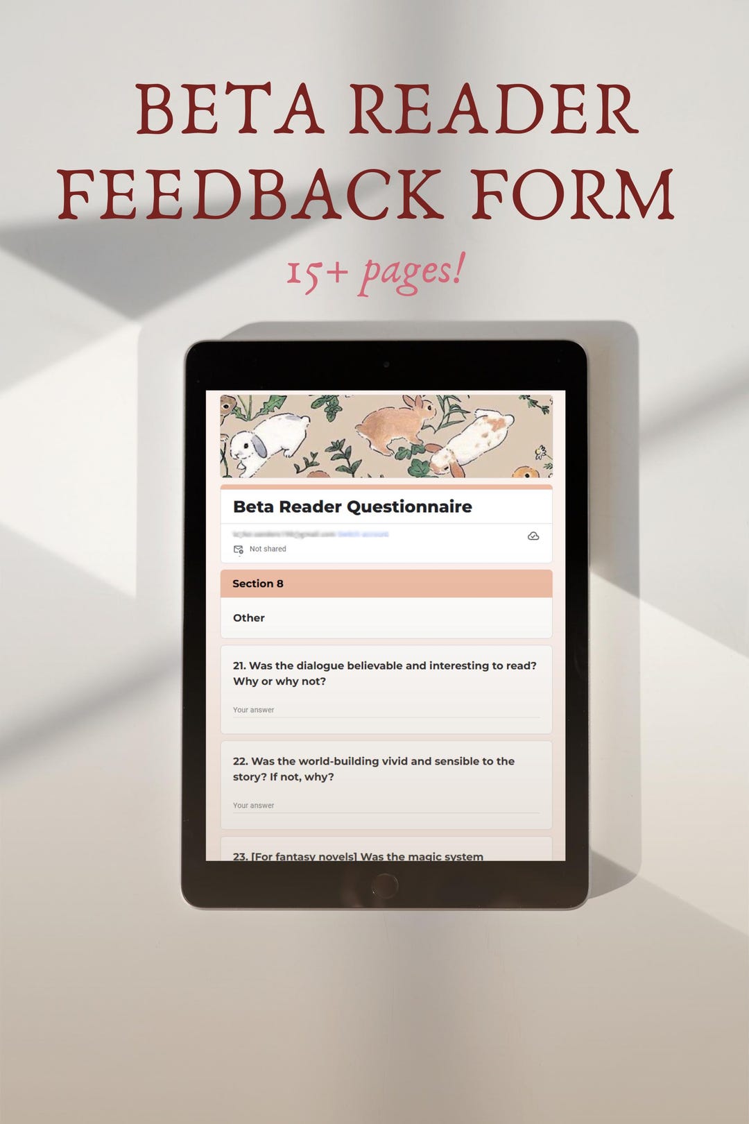 Beta Reader Questionnaire Template | Manuscript Feedback Form | Book ...