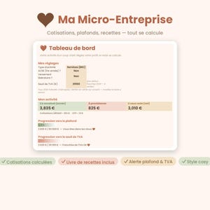 Può includere: Una dashboard digitale intitolata Ma Micro-Entreprise con un'icona a forma di cuore marrone. Visualizza dati finanziari tra cui ricavi, soglie fiscali e calcoli dei contributi per un'attività, con barre di avanzamento e testo in francese.