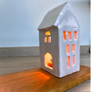 Handmade Cream Ceramic House Lantern: Cozy Tealight Holder, Minimalist Decor