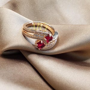 Ruby Statement Ring, Double Stone Ruby Ring, Art Deco Ring, Red Gemstone Cocktail Ring, Gold Statement Ring, Anniversary Gift for Her image 5