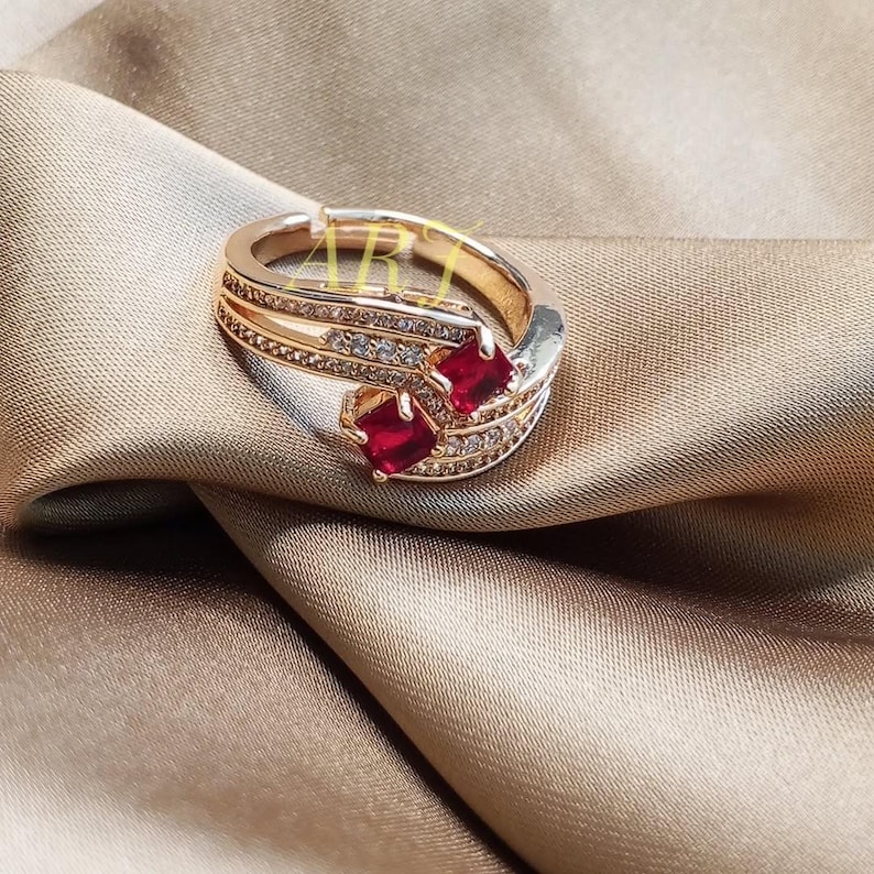 Ruby Statement Ring, Double Stone Ruby Ring, Art Deco Ring, Red Gemstone Cocktail Ring, Gold Statement Ring, Anniversary Gift for Her image 5