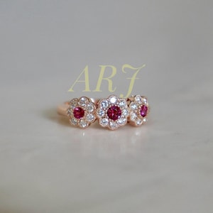 Ruby Flower Ring, Rose Gold Floral Halo Ring, Vintage Ruby Engagement Ring, Daisy Cluster Ring, July Birthstone Ring, Promise Ring for Her