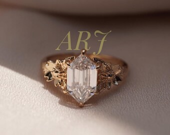 Hexagon Cut Moissanite Ring, Floral Engagement Ring, Rose Gold Wedding Ring, Nature Inspired Bridal Ring, Vintage Botanical Ring