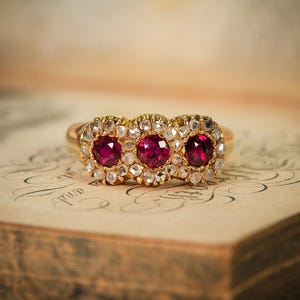 Antique Ruby Diamond Cluster Ring, Three Stone Ruby Ring Gold, Vintage Ruby Diamond Ring, Victorian Style Ruby Ring, July Birthstone