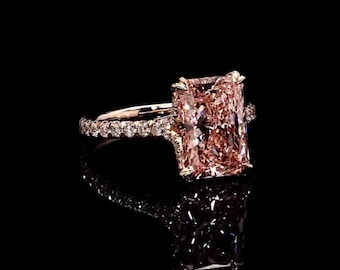 Anello di fidanzamento con taglio radiante rosa – Anello con alone in oro rosa e diamanti taglio ghiaccio – Anello con dichiarazione rosa cipria, anello da sposa, anello di proposta unico
