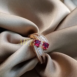 Ruby Statement Ring, Double Stone Ruby Ring, Art Deco Ring, Red Gemstone Cocktail Ring, Gold Statement Ring, Anniversary Gift for Her image 4