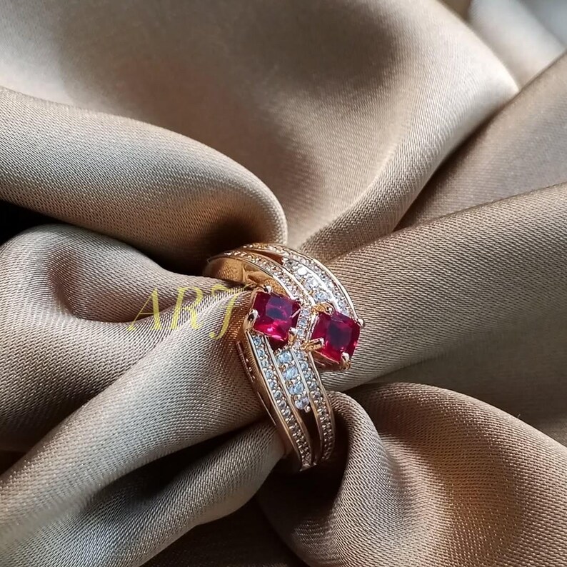 Ruby Statement Ring, Double Stone Ruby Ring, Art Deco Ring, Red Gemstone Cocktail Ring, Gold Statement Ring, Anniversary Gift for Her image 4