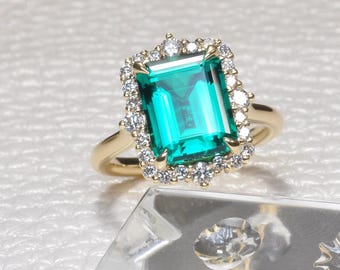 Emerald Cut Green Gemstone Halo Ring, Vintage Inspired Engagement Ring, Art Deco Statement Ring, Emerald Look Gold Ring