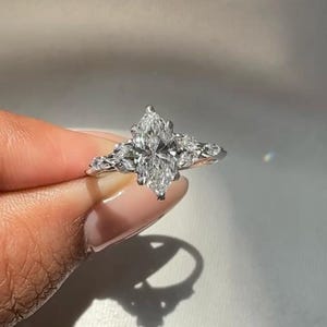 Marquise Diamond Engagement Ring, Vintage Marquise Ring, Leaf Cluster Ring, White Gold Moissanite Ring, Nature Inspired Bridal Ring, Art Dec