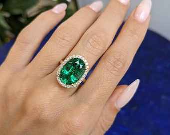Bague de fiançailles avec halo d'émeraude ovale, émeraude verte, style vintage, bague cocktail en or et émeraude, bague de promesse pour femme