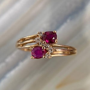 Toi et Moi Ruby Ring Gold, Double Ruby Ring, Vintage Ruby Engagement Ring, July Birthstone Ring, Dainty Stacking Ring for Her
