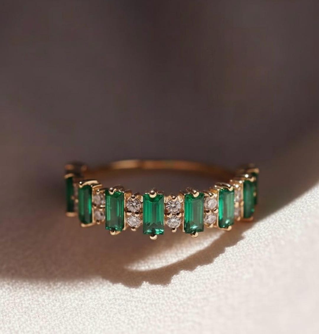 Emerald & Diamond Wedding Band Emerald Cut Ring Gold Half Eternity Band ...