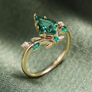 Emerald Green Gemstone Ring, Nature Inspired Ring, Floral Leaf Promise Ring, Vintage Emerald Cut Statement Ring, Unique Women Jewelry