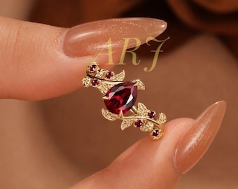 July Birthstone Ruby Ring, Pear Cut Ruby Engagement Ring, Nature Inspired Gold Ring, Leaf Vine Wedding Ring, Vintage Ruby Bridal Ring