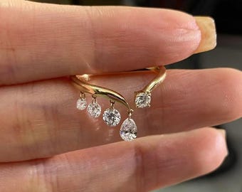 Anillo colgante de diamantes | Anillo moderno de diamantes con derivación | Anillo de diamantes de oro amarillo | Joyería fina minimalista | Anillo de diamantes único