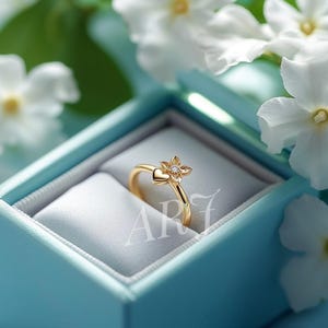Heart & Flower Open Ring, Dainty Gold Floral Ring, Adjustable Promise Ring, Minimalist Nature Jewelry, Romantic Gift for Her
