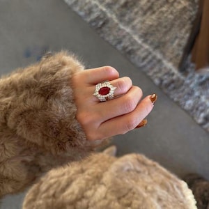 Oval Ruby Diamond Halo Ring, Statement Ruby Ring, Vintage Style Engagement Ring, Gold Ruby Ring, July Birthstone Ring, Luxury Cocktail Ring