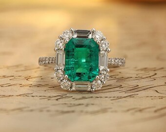 Emerald Cut Green Gemstone Halo Ring, Vintage Emerald Engagement Ring, Art Deco Statement Ring, Emerald Look Anniversary Gift
