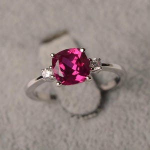 Elegant Cushion Cut Ruby Pink Ring, Sterling Silver Three Stone Ring, Hot Pink Engagement Ring, Promise Ring, Minimalist Bridal Jewelry