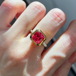 Cushion Cut Ruby Engagement Ring – Gold Bezel Set – Vintage Inspired Statement Ring – Diamond Accent Band – July Birthstone Gift