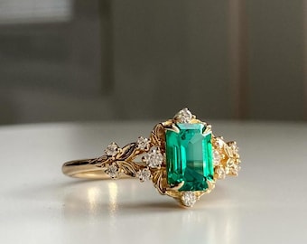 Vintage Emerald Cut Green Gemstone Ring, Nature Inspired Engagement Ring, Floral Leaf Ring, Art Deco Gold Statement Ring