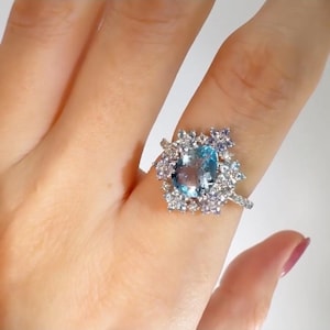Blue Pear Gemstone Halo Ring, Snowflake Inspired Engagement Ring, Vintage Cluster Bridal Ring, Unique Statement Wedding Ring, Women Jewelry
