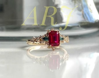 Ruby Emerald Cut Ring, July Birthstone Engagement Ring, Vintage Floral Gold Ring, Nature Inspired Ruby Ring, Art Deco Wedding Ring