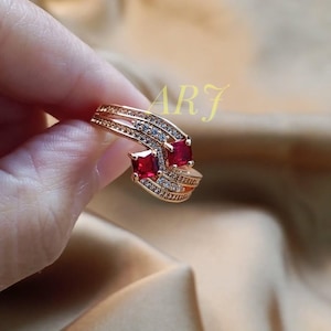 Ruby Statement Ring, Double Stone Ruby Ring, Art Deco Ring, Red Gemstone Cocktail Ring, Gold Statement Ring, Anniversary Gift for Her image 2