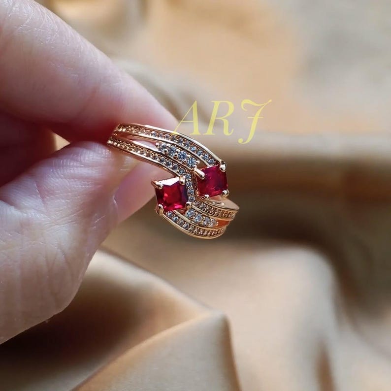 Ruby Statement Ring, Double Stone Ruby Ring, Art Deco Ring, Red Gemstone Cocktail Ring, Gold Statement Ring, Anniversary Gift for Her image 2