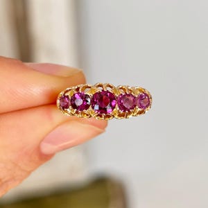 Vintage Ruby Five Stone Ring in Gold, Antique Style Ruby Band, July Birthstone Ring, Stackable Dainty Gold Ring, Anniversary Gift