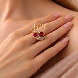 Ruby Statement Ring, Double Stone Ruby Ring, Art Deco Ring, Red Gemstone Cocktail Ring, Gold Statement Ring, Anniversary Gift for Her