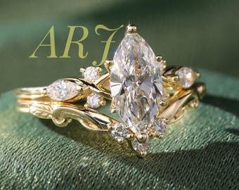 Marquise Cut Diamond Ring, Nature Inspired Gold Engagement Ring, Leaf Vine Bridal Ring, Vintage Wedding Ring, Unique Moissanite Ring