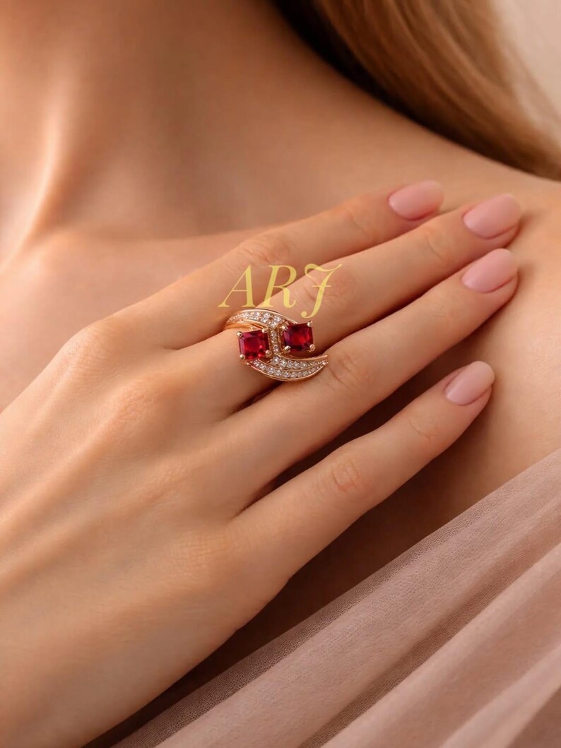 Ruby Statement Ring, Double Stone Ruby Ring, Art Deco Ring, Red Gemstone Cocktail Ring, Gold Statement Ring, Anniversary Gift for Her image 3