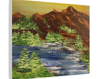 Lienzo de paisaje de río y montaña, pintura de naturaleza