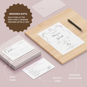Wedding Invitation Template Set | Minimalist Invite Suite | Canva Editable Download | Invitation, RSVP and Details card Bundle | Hand drawn
