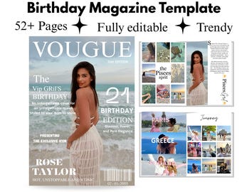 Bearbeitbare Vogue-inspirierte Geburtstags-Magazin-Vorlage | Personalisiertes Leinwandgeschenk für beste Freundin | Digitaler Download