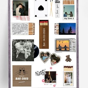 May include: A framed collage featuring romantic imagery. Includes photos of couples, a playing card, matches, a lighter with "I love you", a heart-shaped locket, dice, a teddy bear, and a cat. The date "Est. 14/22/2024" is visible.
