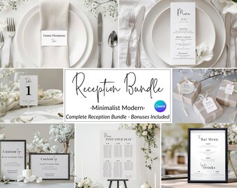 Wedding Reception Template Digital Bundle Canva Seating Chart Table Number Menu Card Place Card Printable Signage Customizable Modern