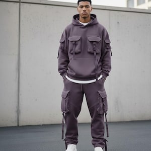 Techwear träningsoverall herr, mauve taktisk fleecehuvtröja och cargobyxor, urbana streetwear-kläder, cyberpunk utility-joggingbyxor